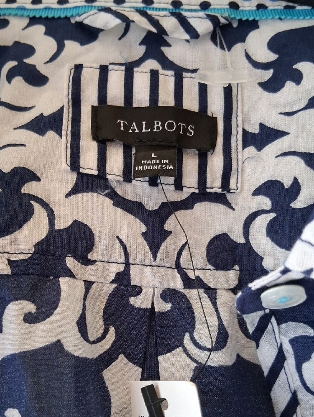 Talbots Navy and White Printed Button-Up Shirt - Picture 2 of 5